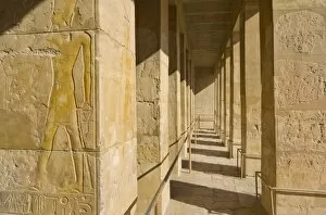 Hieroglyphics in relief on a column on the s econd terrace of the Temple of Hats heps ut