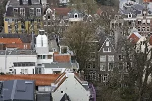 High angle view of Amsterdam, the grey house at the bottom with the single window is the Anne Frank House, Amsterdam