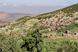 High angle view of an ancient Berber village on green hills, High Atlas mountains, Morocco, North Africa, Africa