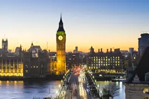 High angle view of Big Ben, the Palace of Westminster and Westminster Bridge at dusk