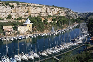 Recreational Boat Prints: High angle view over boats moored in harbour, Port Miou, Calanques de Cassis