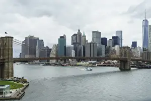 Suspension Bridge Prints: High angle view of Brooklyn Bridge and Lower Manhattan skyline