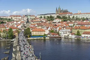 Royal Palace Prints: High angle view of Charles Bridge looking towards the Castle District, Royal Palace and St