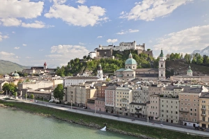 High angle view of the old town with Hohensalzburg Fortress, Dom Cathedral and Kappuzinerkirche Church, UNESCO World Heritage Site, Salzburg, Salzburger Land, Austria, Europe