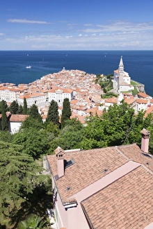 High angle view of the old town with Tartini Square, town hall and the cathedral of St. George, Piran, Istria, Slovenia, Europe