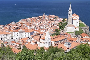 High angle view of the old town with Tartini Square, townhall and the cathedral of St. George, Piran, Istria, Slovenia, Europe