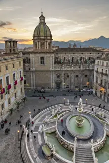 Domed Prints: High-angle view of Praetorian Fountain (Fontana Pretoria) and San Giuseppe dei Padri Teatini church