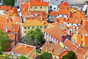 Facades Prints: High angle view of rooftops and buildings in Sintra town showcasing vibrant orange colors
