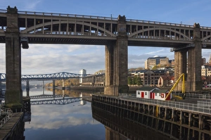 High Level Bridge, designed by Robert Stevenson in 1847, finished in 1849, structure of wrought Iron, railway and road bridge across the River Tyne, Redheugh Bridge beyond, Tyne and Wear, England, United Kingdom, Europe High Level Bridge, designed by Robert Stevenson in 1847, finished in 1849, structure of wrought Iron, railway and road bridge across the River Tyne, Redheugh Bridge beyond, Tyne and Wear, England, United Kingdom, Europe