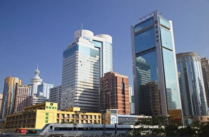 Trains Prints: High speed train passing skyscrapers, Shenzhen, Guangdong, China, Asia