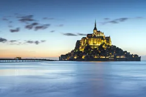 Stronghold Prints: High tide at dusk, Mont-Saint-Michel, UNESCO World Heritage Site, Normandy, France
