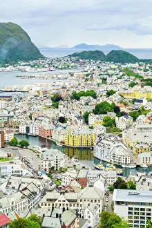 View From Above Prints: High view of the harbour and town of Alesund, Norway, Scandinavia, Europe