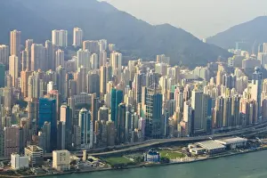 High view of the Hong Kong Island skyline and Victoria Harbour, Hong Kong, China, Asia