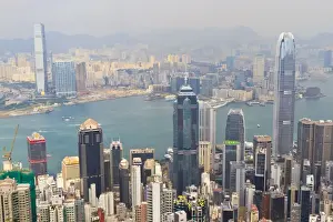High view of Hong Kong skyline and Victoria Harbour from Victoria Peak