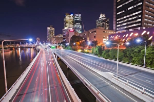 Queens Land Prints: Highway in Brisbane, car light trails at night, Brisbane, Queensland, Australia, Pacific