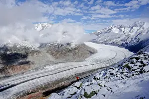 Bernese Alps Prints: Hiker admiring Aletsch Glacier from viewpoint standing on top of rocks