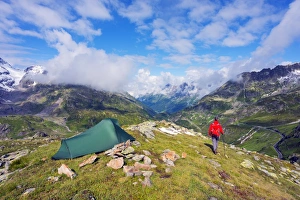 35 39 Years Prints: Hiker and camp site, Sustenpass (Susten Pass), Swiss Alps, Switzerland, Europe