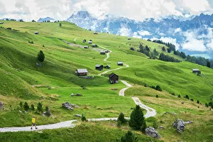 35 39 Years Gallery: Hiker on footpath among green fields and wooden huts, Sass de Putia, Passo delle Erbe, Dolomites