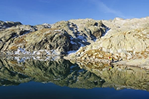Caucasian Prints: Hiker at Lac Blanc, Chamonix, Haute-Savoie, French Alps, France, Europe
