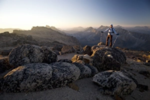 Caucasian Prints: Hiker at sunrise, Cathedral Provincial Park, British Columbia, Canada, North America