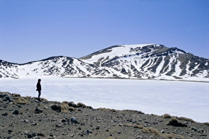 Taupo Prints: Hiker on Tongariro Crossing trek by Blue Lake under