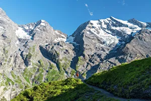 Mid Adults Prints: Hiker walks the summer trail surrounded by Swiss glacier