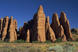 Rock Cliff Prints: Hikers dwarfed by sandstone fins near Devils Garden