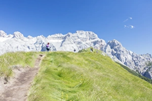 Pinzolo Prints: Hikers proceed on the path to the rocky peaks, Doss Del Sabion, Pinzolo, Brenta Dolomites