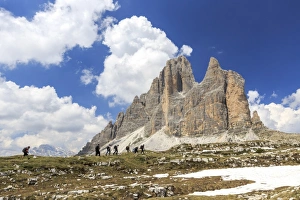Weekend Activities Prints: Hikers venturing to discover the Three Peaks of Lavaredo