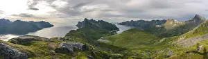 Recreational Pursuits Prints: Hikers walking on footpath on Barden mountain above Fjordgard towards Segla peak