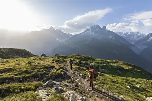 The Great Outdoors Prints: Hikers on the way to Lacs De Cheserys from Argentiere with Les Drus and Aiguille
