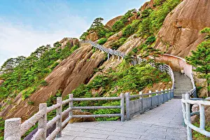 Trekking Prints: Hiking pathways and steps on Huangshan mountain in Anhui Province