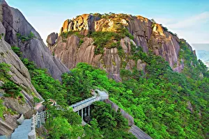Opportunities Prints: Hiking along the trails of Huangshan with views of steep mountains and forests in Anhui Province