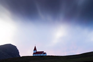 Vik I Myrdal Prints: Hilltop church against twilight sky, Vik i Myrdal, southern area, Iceland, Polar Regions