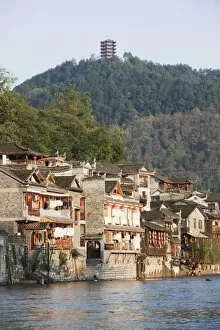 Hilltop pavilion overlooking the riverside old town of Fenghuang, Hunan Province