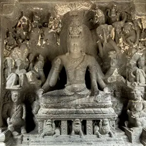 Typically Indian Prints: Hindu statue at the Ellora Caves, UNESCO World Heritage Site, Maharashtra, India, Asia