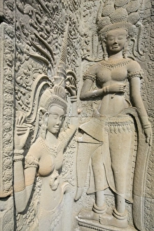 Traditionally Cambodian Prints: Hindu statues on the outer wall of Angkor Wat, Siem Reap, Cambodia, Southeast Asia