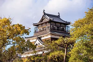 Hiroshima Prints: Hiroshima Castle main tower in yellow autumnal leaves. Hiroshima, Japan