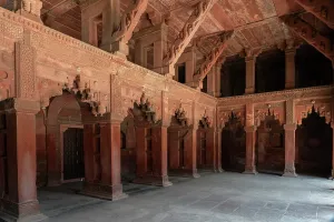 Columns Prints: Historic architecture seen inside Agra Fort in Uttar Pradesh India showcasing detailed stone work and ancient columns