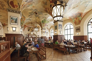 Typically German Prints: Historic Beer Hall called Schwemme at Hofbraeuhaus, Munich, Bavaria, Germany, Europe