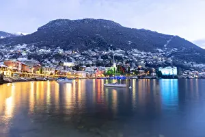 Lake Como Prints: Historic buildings of Gravedona with Christmas Lights during a winter sunrise, Lake Como