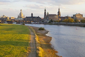Historic Center of Dresden and the Elbe River at sunset, Saxony, Germany, Europe