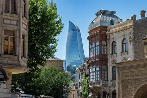 Parks Prints: Historic city of Baku with flame towers standing tall in the background