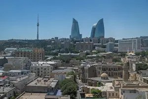Attractions Prints: Historic city of Baku showcases modern flame towers against ancient architecture in Azerbaijan