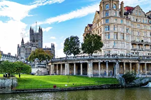 Riverfront Prints: Historic cityscape with Abbey, classic architecture