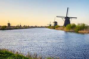 South Holland Prints: Historic Dutch windmills on the polders at sunset, Kinderdijk, UNESCO World Heritage Site