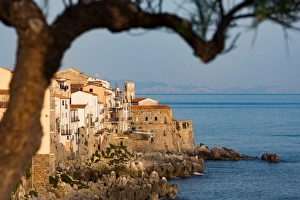 Cefalu Prints: Historic houses on the rocky coastline of Cefalu, Sicily, Italy, Mediterranean, Europe