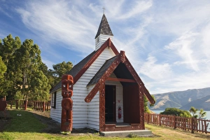Indigenous Culture Prints: Historic Maori church on hillside above Akaroa Harbour