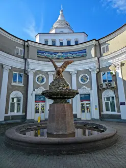 Public Prints: Historic railway station features a fountain with an eagle sculpture in a spa town located in Russia's Stavropol