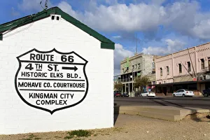 Signs Prints: Historic Route 66 sign on Railway shed, Kingman City, Arizona, United States of America
